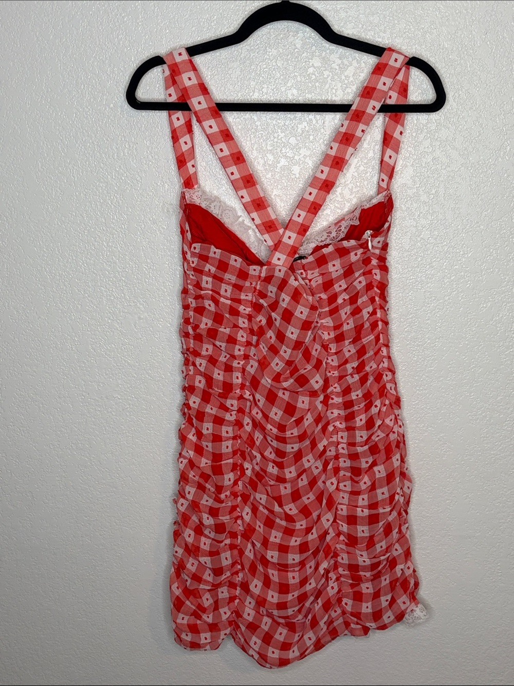 Cider Red & White Gingham Check Lace Trimmed Retro Ruched Mini Dress Size XL - Picture 4 of 8